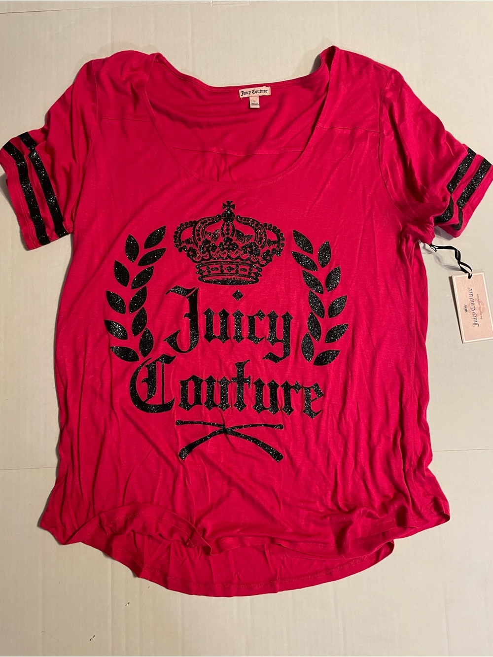 Juicy Couture Hot Pink Short Sleeve Tee with Black Glitter Crest